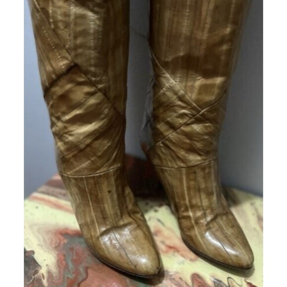 Vintage Saffron Eel Skin Boots Tan Handmade In Spain Pullon Mid Heel Women’s 5 - Picture 2 of 9